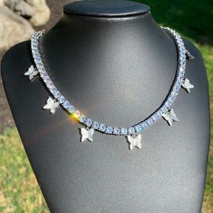 White Gold Butterfly Tennis Chain Choker Necklace